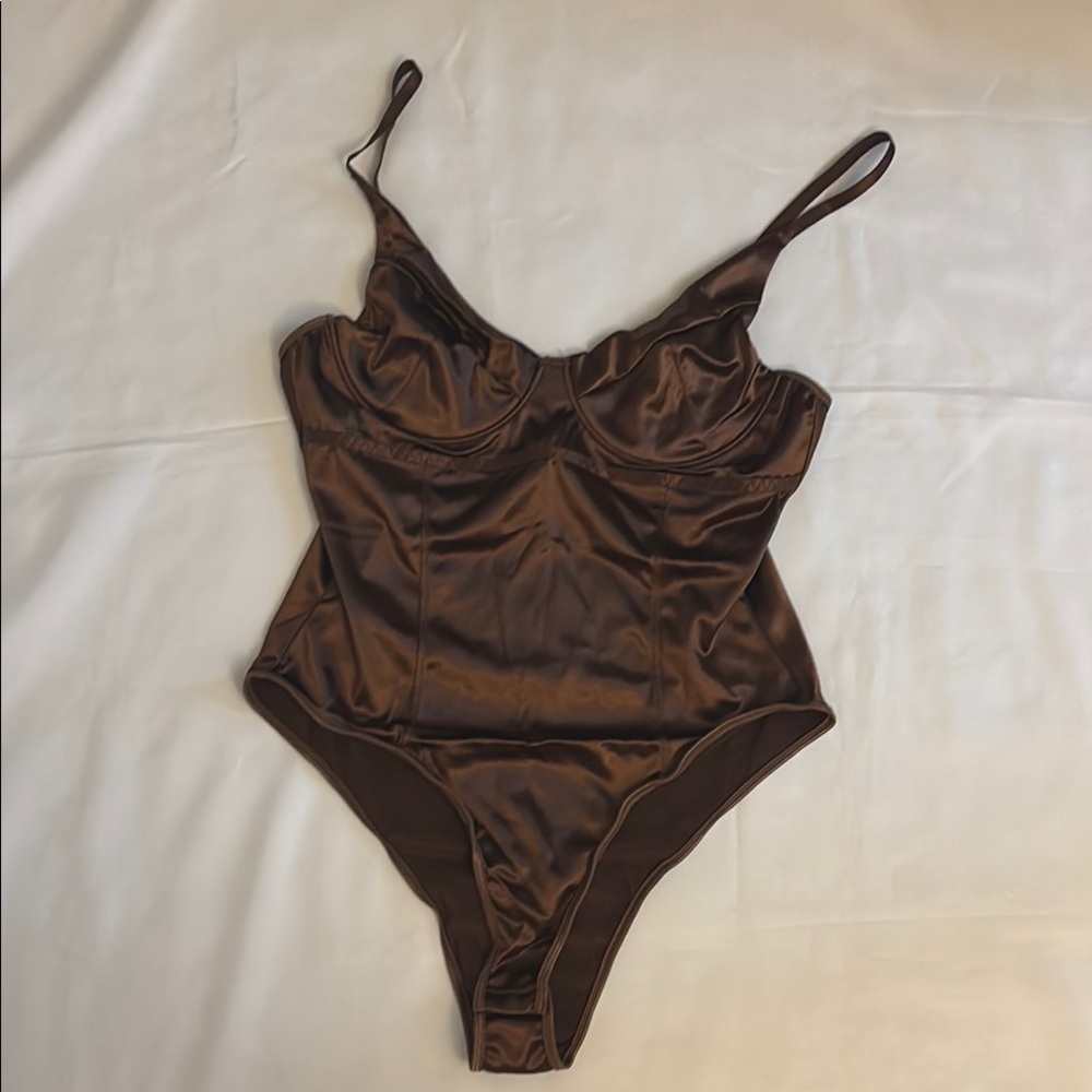 Satin Underwire Brown Bodysuit Women Size XL NWOT